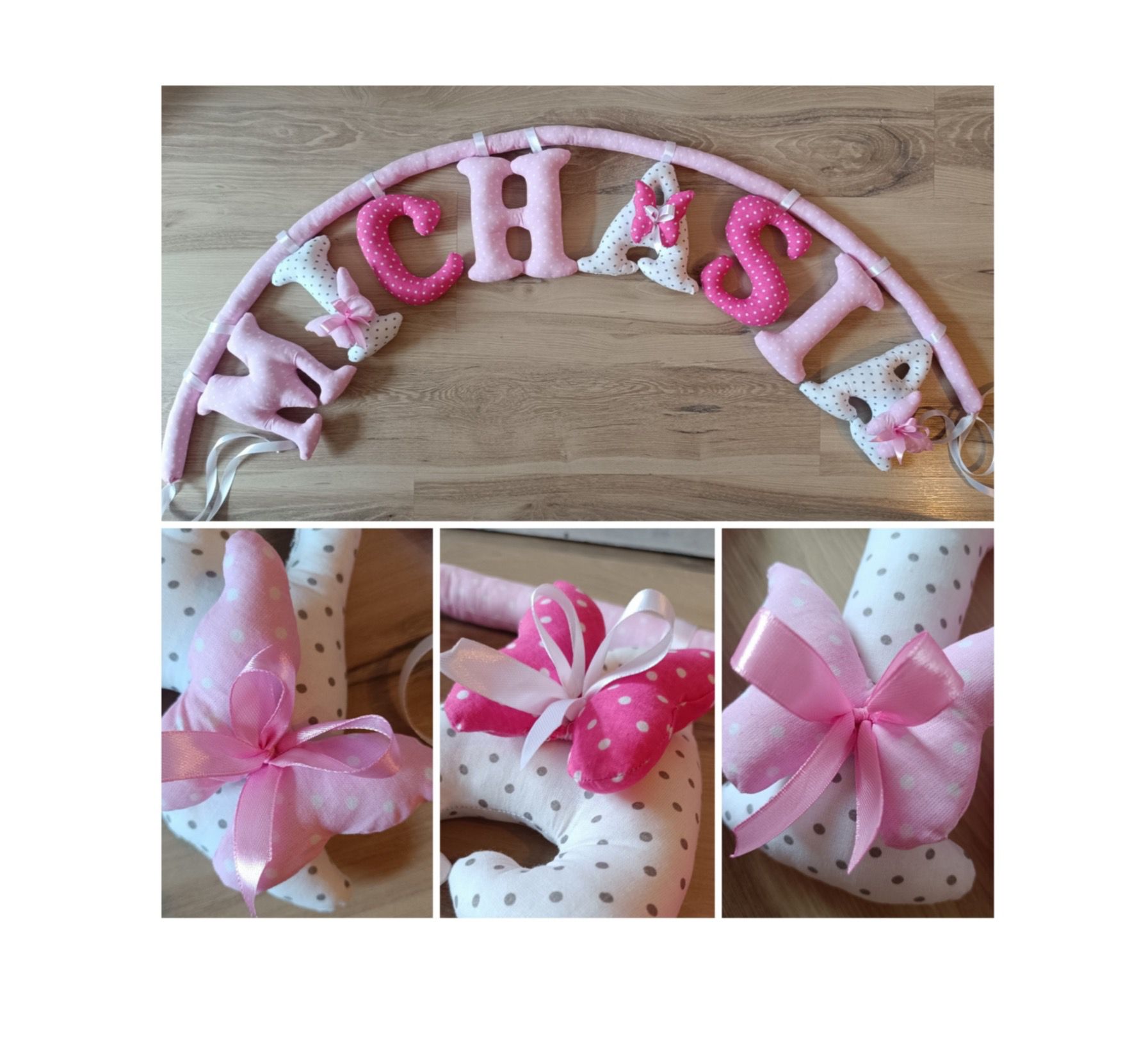 Delikatny materiałowy napis z imieniem na ścianę